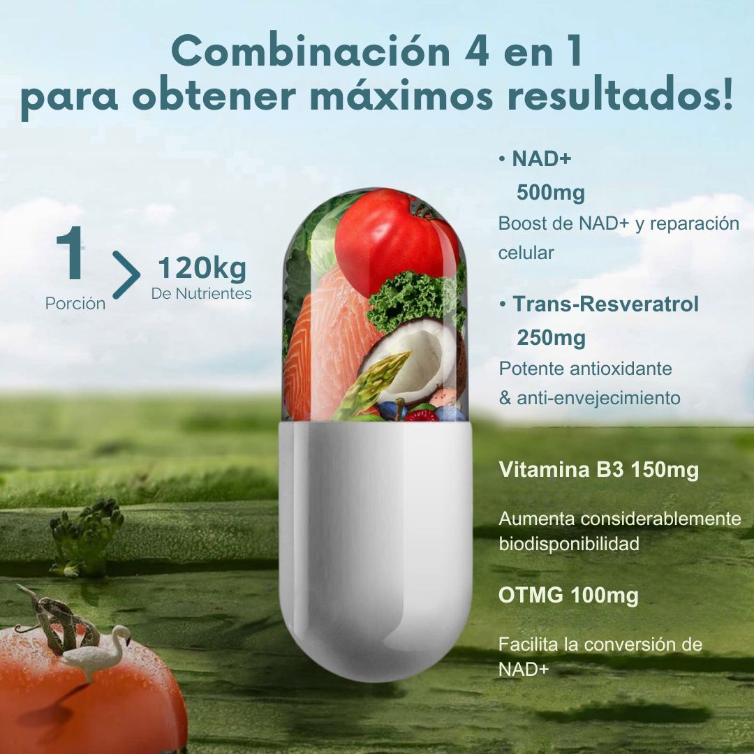NAD + Resveratrol PREMIUM - Cápsulas de Reparación Celular Antienvejecimiento y Energía Extra