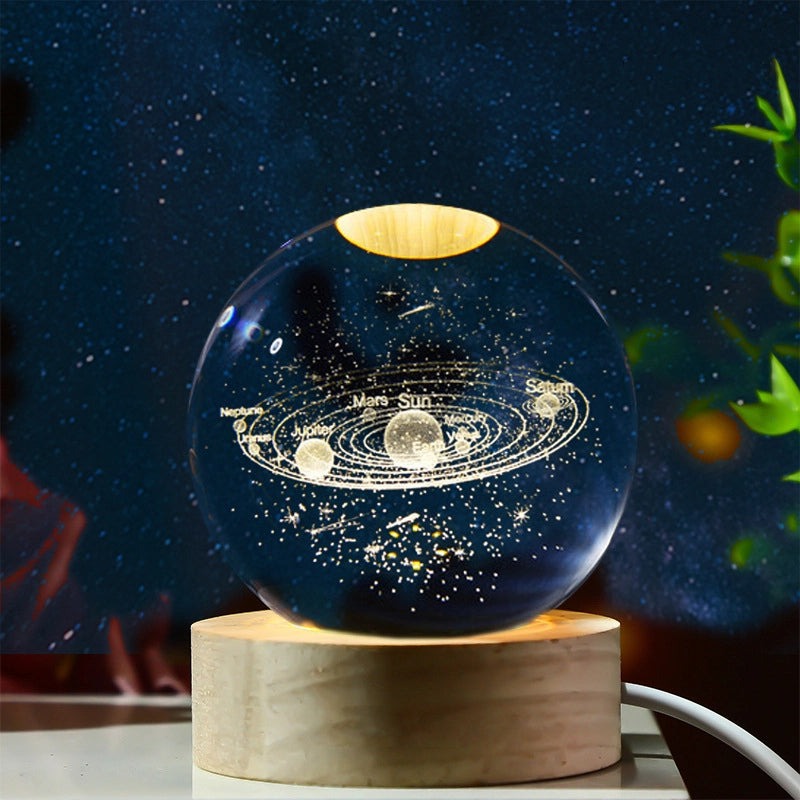 Bola de Cristal 3D Diseño de Sistema Solar con Iluminación y Base de Madera
