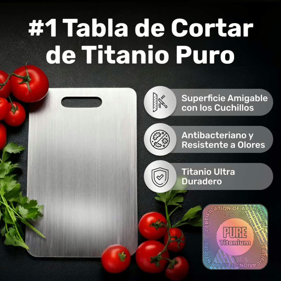 Tabla de cortar de titanio 100% puro: No más microplásticos, bacterias ni cuchillos romos