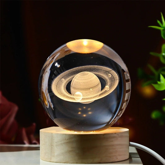 Bola de Cristal 3D  Diseño de Sistema Solar con Iluminación y Base de Madera